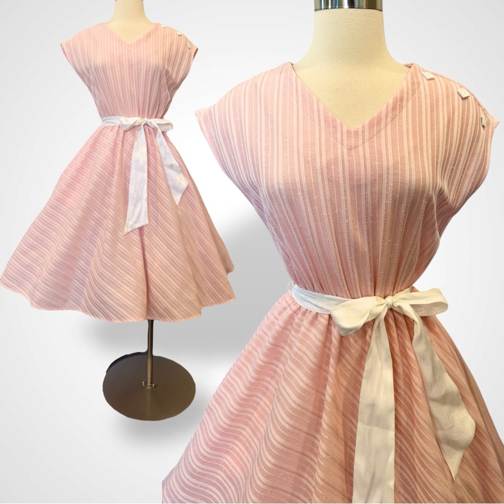 Vintage Sears Pastel Pink Striped Nubby Knit Fit & Flare Full Skirt Dress 14
